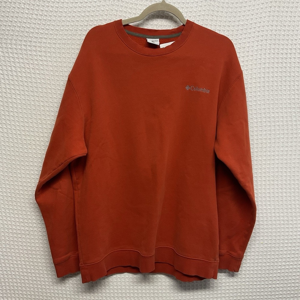 Columbia Mens Large Crew Neck Sweatshirt Orange Embroidered Spellout Pullover